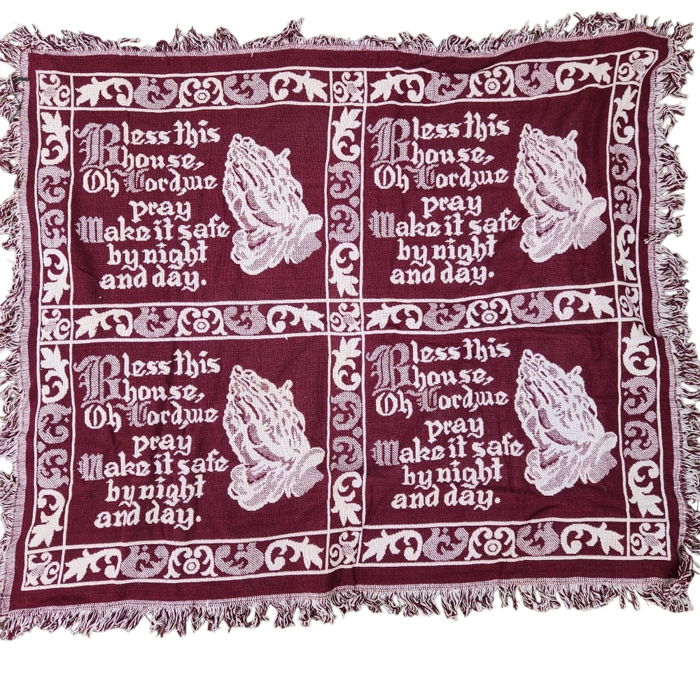 Vintage Tapestry Throw Blanket Fringe Religious Praying Hands Bless This House